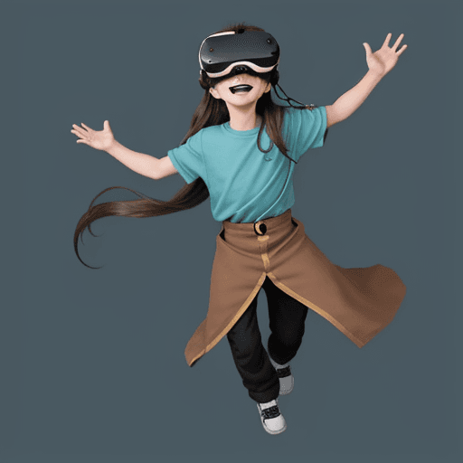 AI generated: joyful boy anime character taking off Virtual Reality headset with very long brown hair with cyan ba...