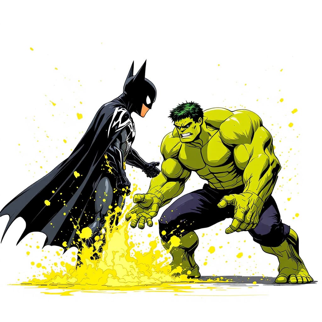 AI generated: illustration, Batman, spiderman, Hulk three, yellow, outlines --ar 9:16
