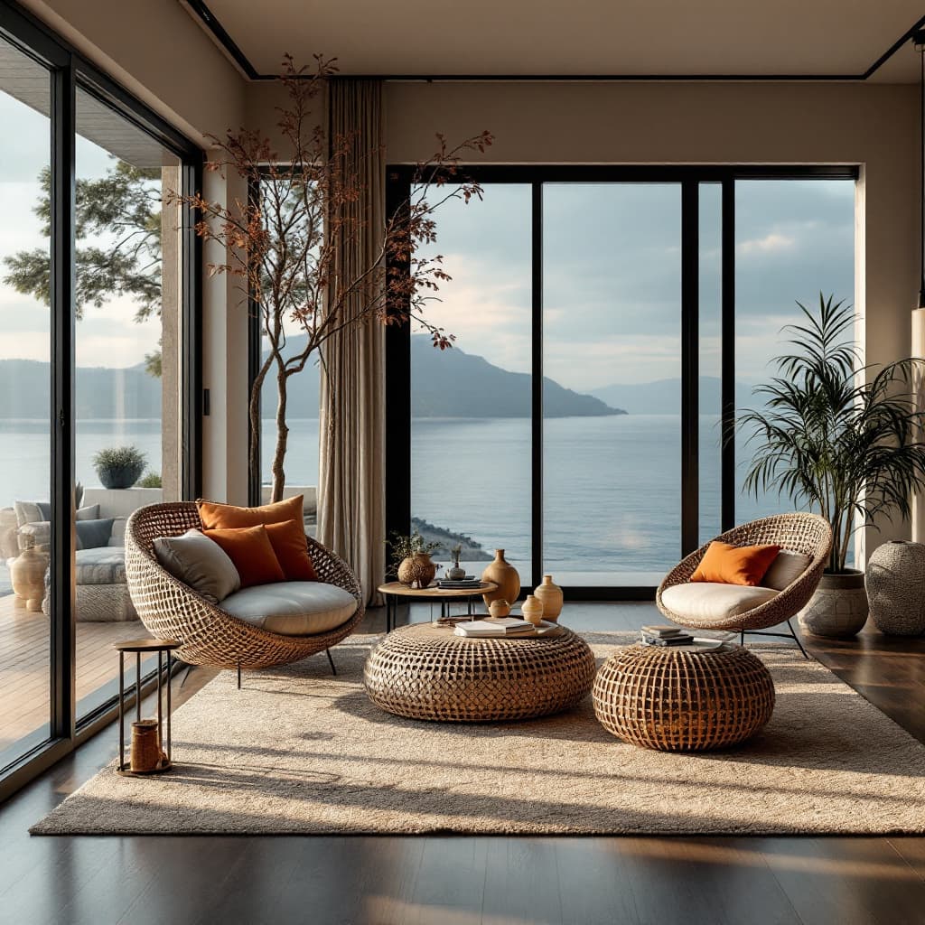 AI generated: a ball chair from eames with oprange cushions in a living room with the view to the sea
