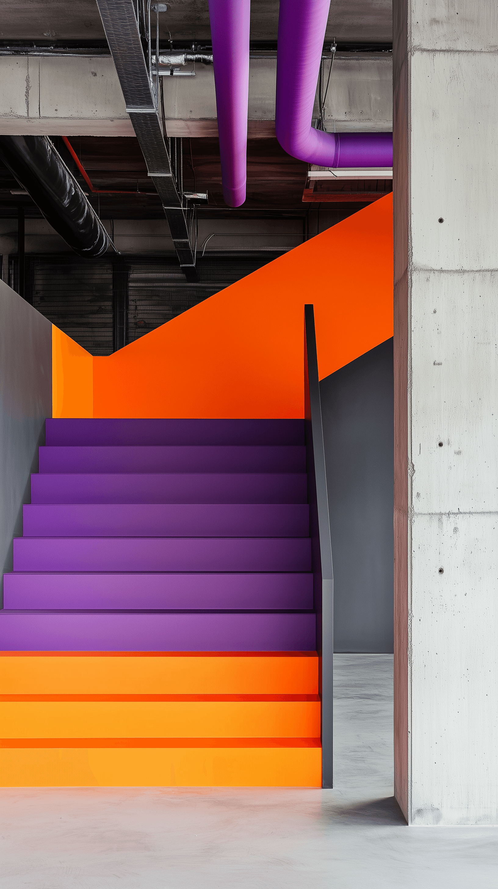 AI generated: modern architectural space featuring a gradient staircase that transitions from orange at the top to...