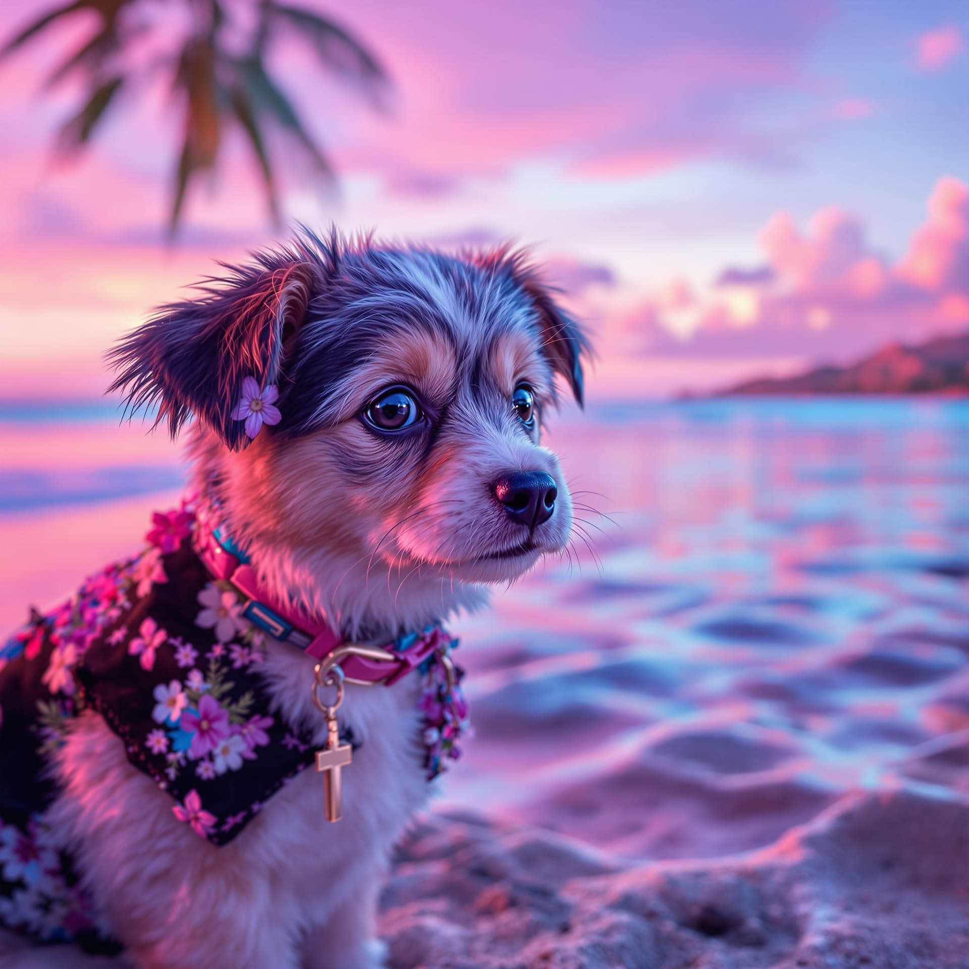 AI generated: shot of vaporwave cute fashion puppy in Hawaii looking into camera