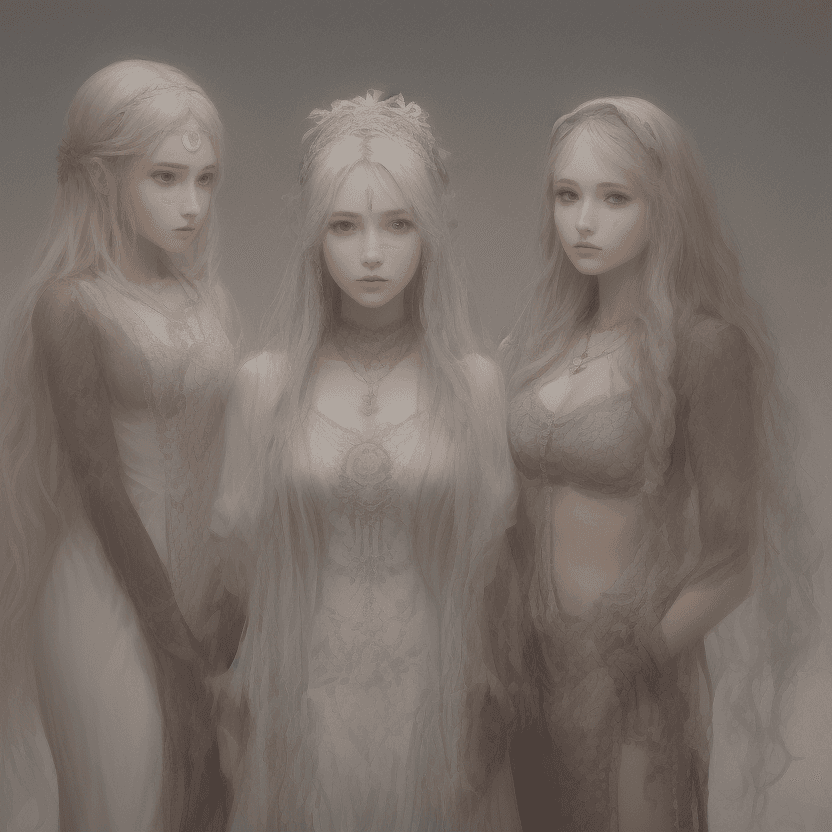 AI generated: three women standing together in a triangular formation, The woman on the left wears a silver headba...