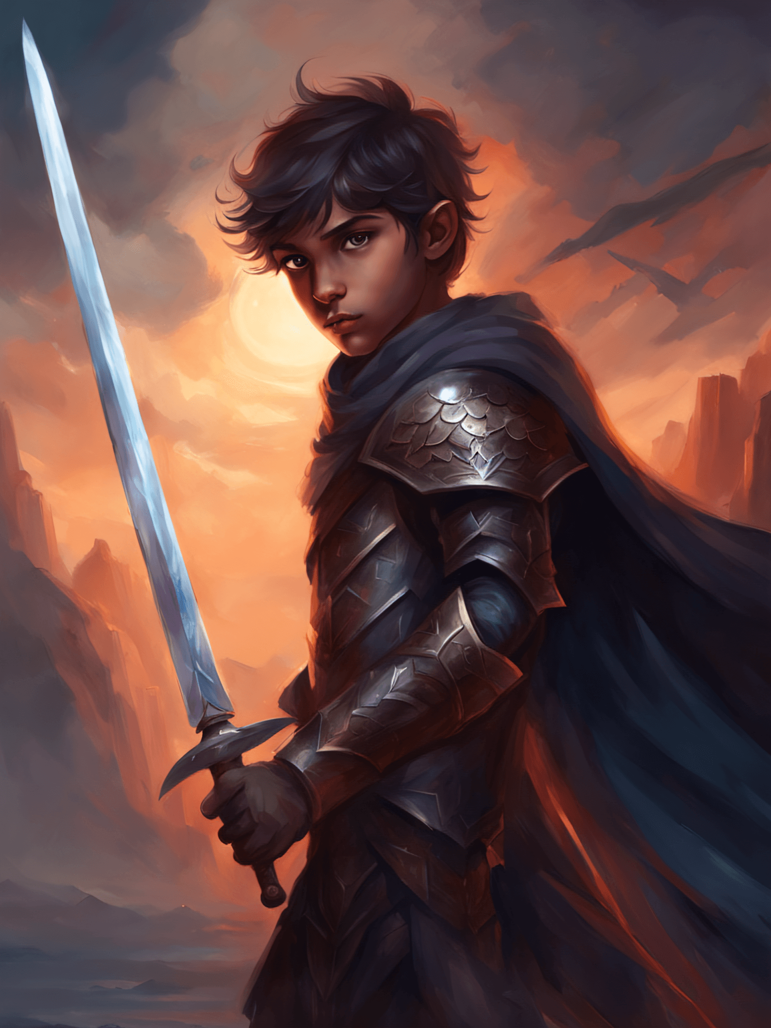 AI generated: ethereal fantasy concept art of young dark warrior boy with a sword , dark fantasy theme, moody , gl...