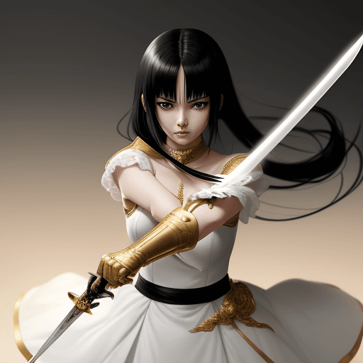 AI generated: anime,black hair,golden white,glamour,a girl uses sword