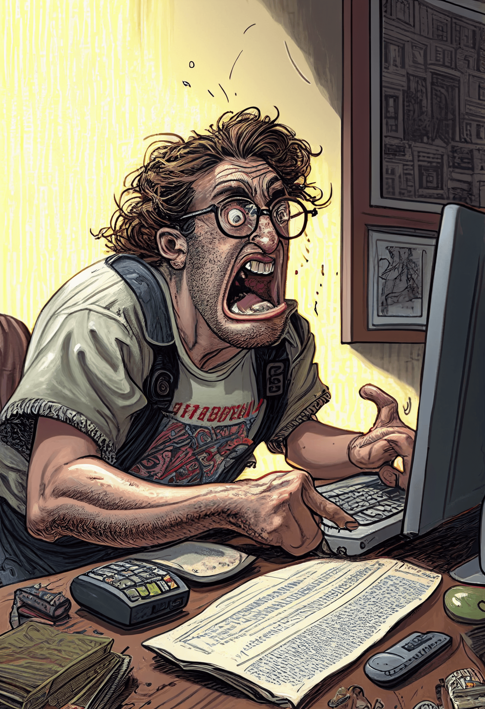 AI generated: A dark humor inspired digital illustration titled "Crypto Scammer Nerd"::2 The artwork portrays a yo...