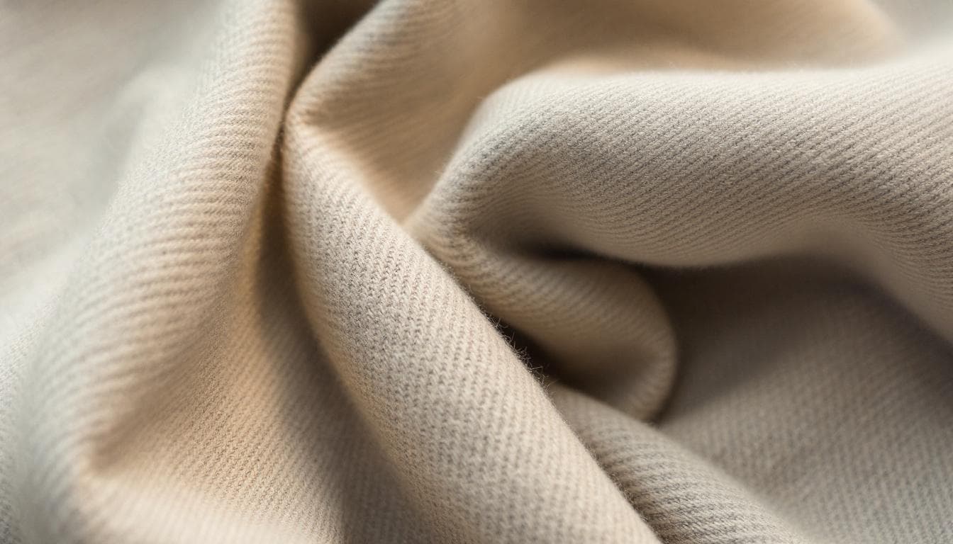 AI generated: Close-up of Canterbury cloth — fine wool fabric with soft twill weave, subtle diagonal ribbed textur...
