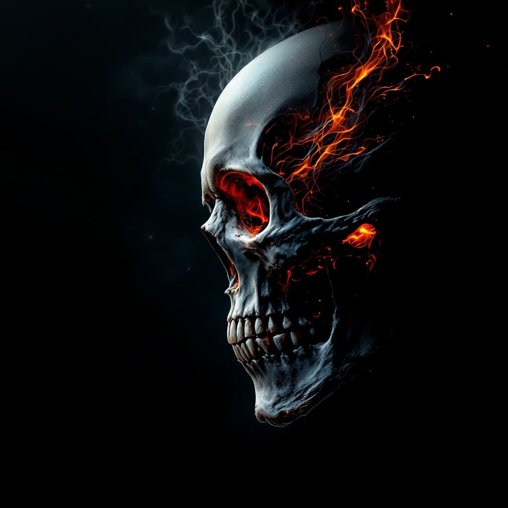 AI generated: side view of a skull looking down, dramatic lighting