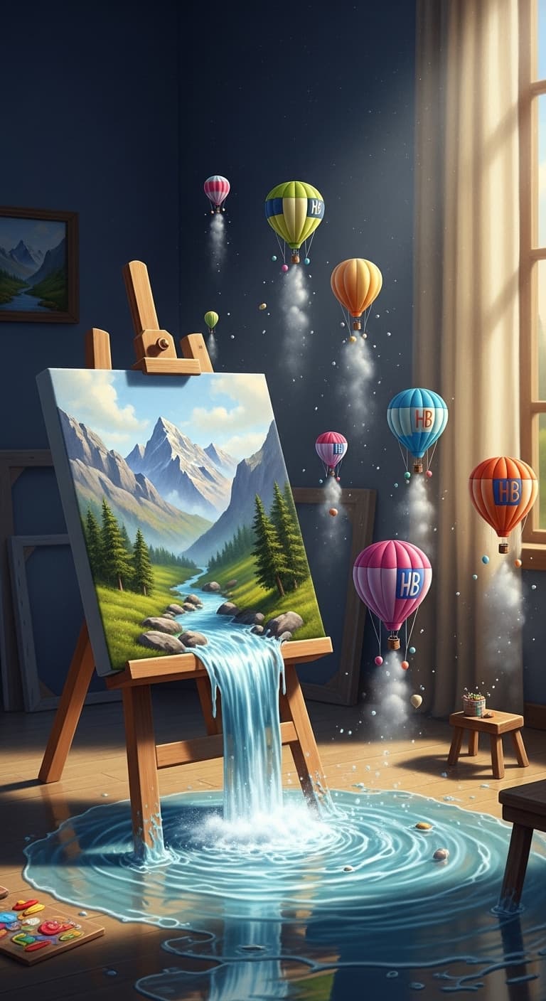AI generated: A surreal and fantastical scene where art escapes the canvas: a landscape on an easel depicting a ti...
