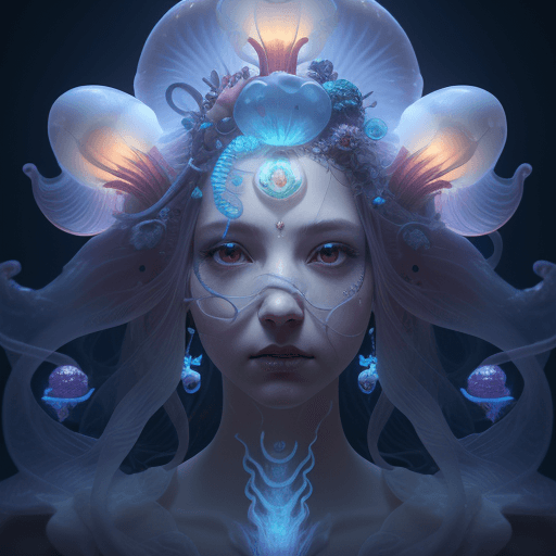 AI generated: Goddess close-up portrait ribcagel. jellyfish phoenix head, nautilus, orchid, skull, betta fish, bio...