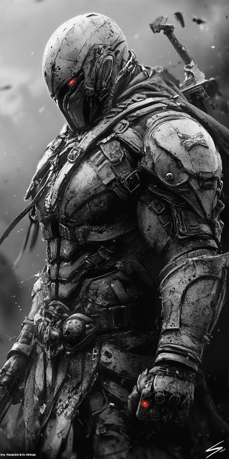 AI generated: A formidable armored figure stands prominently in a dark, dramatic atmosphere, with intricate detail...
