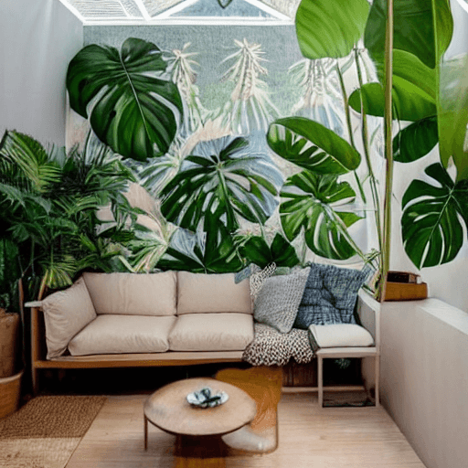AI generated: high resolution photography interior design, without wall, absolutely open and blended with the gard...