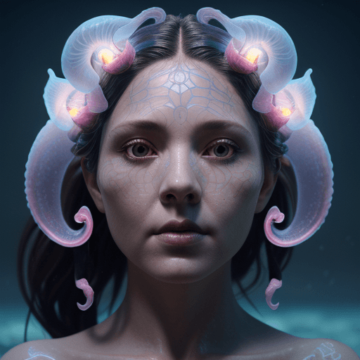 AI generated: Goddess close-up portrait ribcagel. jellyfish phoenix head, nautilus, orchid, skull, betta fish, bio...