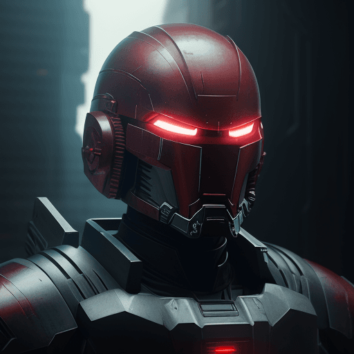 AI generated: ultra-wide photo red sci-fi armor with cyber helmet, lights on cyber mask, full armor, insulated arm...