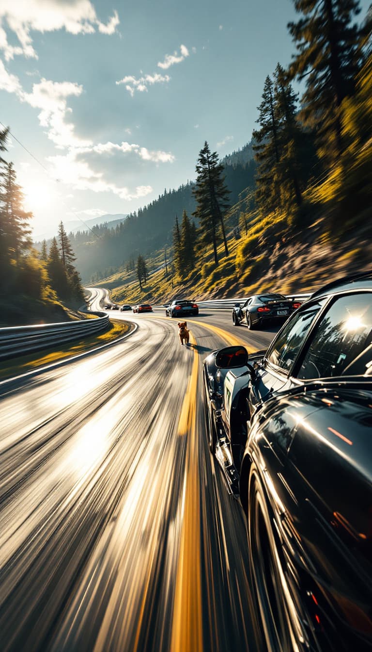 AI generated: Summer. A racing car rushes along the track.  From the car window in the distance you can see a smal...