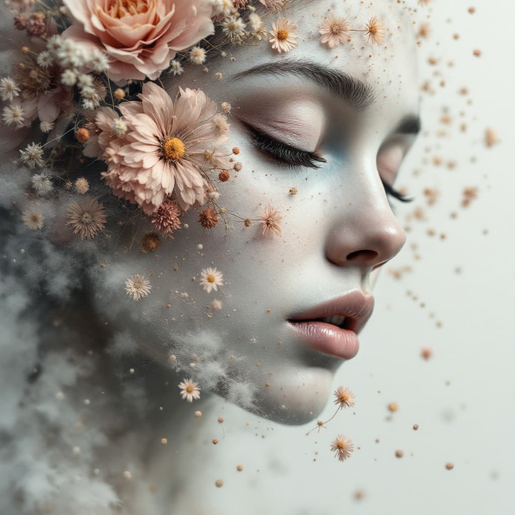 AI generated: woman made of powder paint + dried flowers, mysticism, + coherent, haze, fog, finest drawing, macro,...