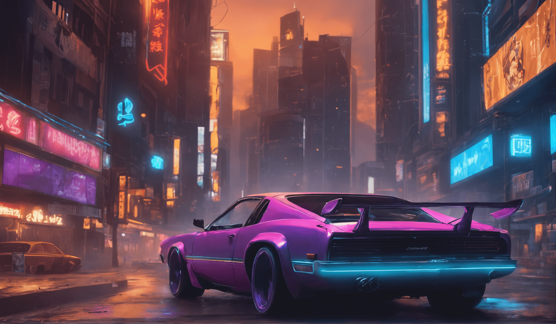 AI generated: A car from the Movie 'Fast and the Furious' racing down the street of a Cyberpunk City at night, mot...