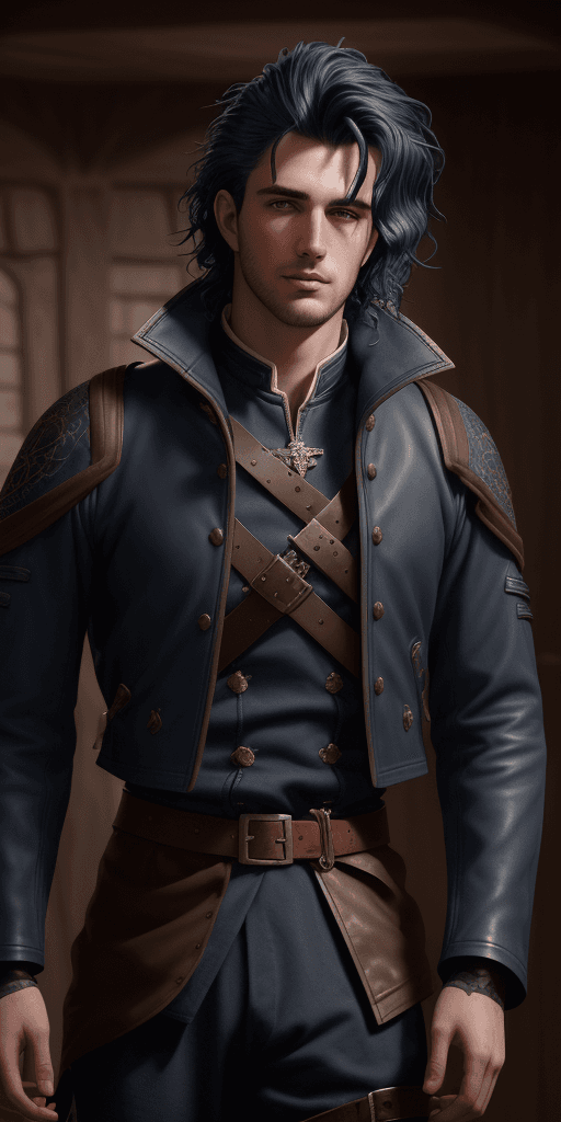AI generated: wavy navy blue haired handsome young man, wearing a medieval era clothes and a leather jackets, mast...