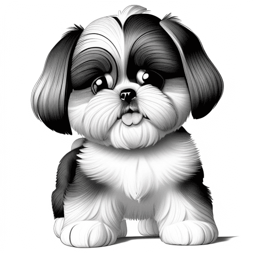 AI generated: Line drawing for coloring in black and white in thin lines of a shih tzu puppy sitting with its mout...
