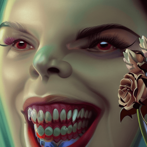 AI generated: dynamic image painting of a woman with flowers and a scary face and huge teeth, guillem h. pongilupp...