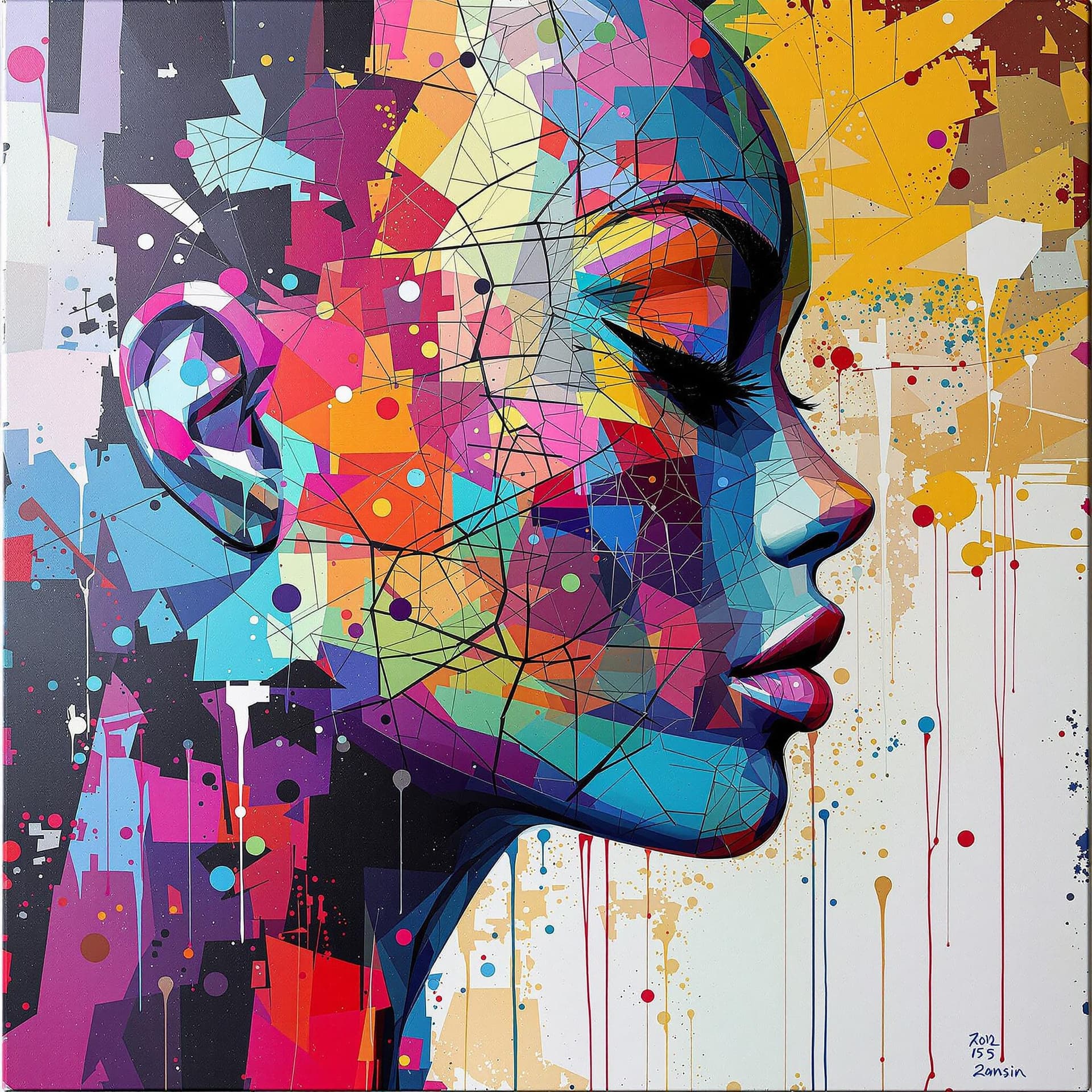 AI generated: Painting on canvas of a woman in colorful tones, in the style of Martin Ansin, cracked, serene faces...