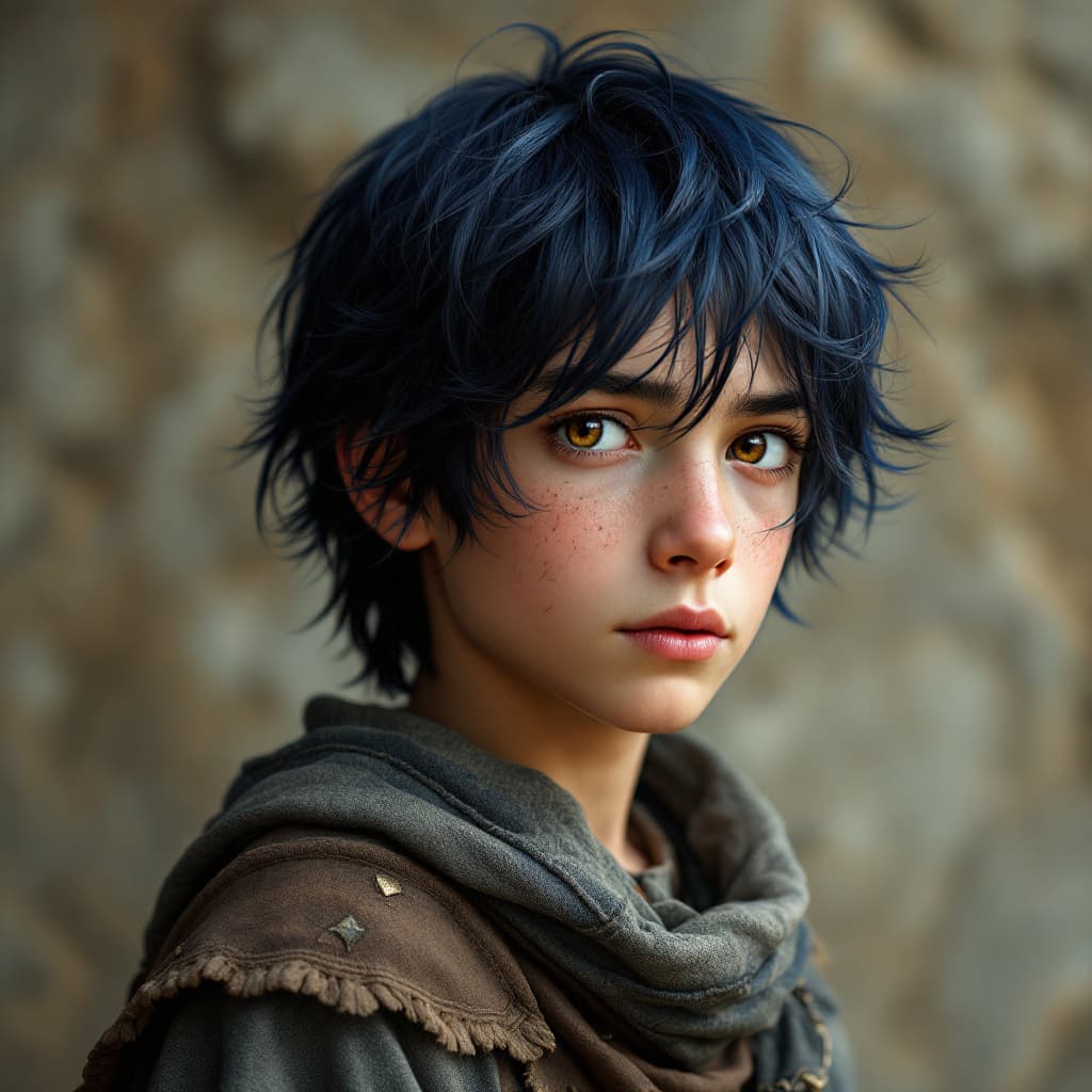 AI generated: make a image of 10 year old ancient boy who has dark blue long hairs
 cut hairs and dumb looking and...