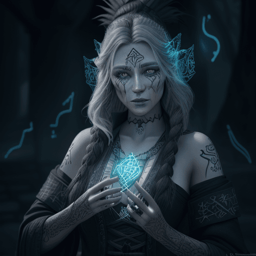 AI generated: A runic witch with runes and glowing engraved runic voodo symbols with elegant realistic skin featur...