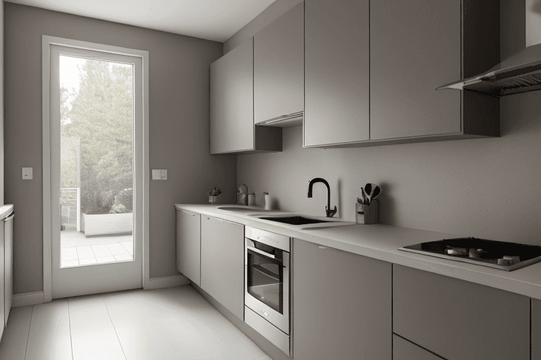 AI generated: kitchen looking towards a sink under a window, with a door on the left of the sink with a 25 cm dist...