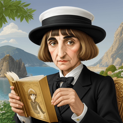 AI generated: Alice B Toklas, caricature, landscape agent greek, writting book, golden thin sticks in diamond shap...
