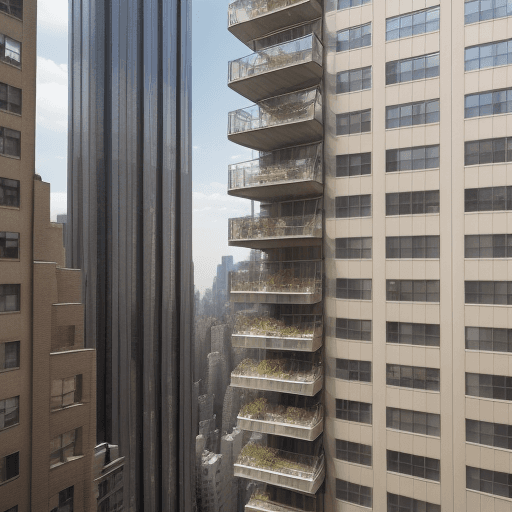 AI generated: a tall metal building with large windows, in the style of witty and clever cartoons, telephoto lens,...