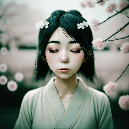 AI generated: A close-up of a 25-year-old Japanese girl singer idol makeup. Photography: "Captured with a 50mm len...