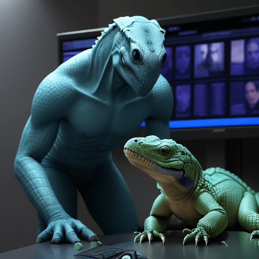 AI generated: UN HOMME TRES JEUNE RENCONTRE UNE REPTILO MEDIATRICE HUMANOIDE DANS UN HABIT HI TECH DU FUTUR