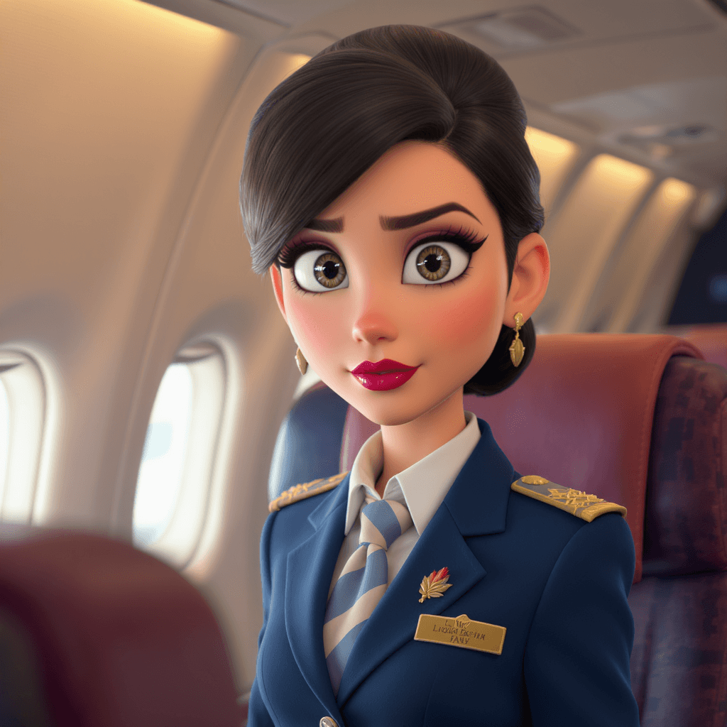 AI generated: A stylized female flight attendant in uniform with a neat hairstyle, expressive wide eyes showing ur...