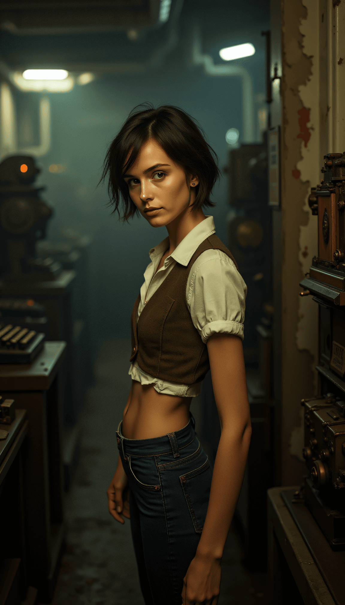 AI generated: dystopian style Mid-twenties woman with messy short hair operating a mechanical printing press, her ...