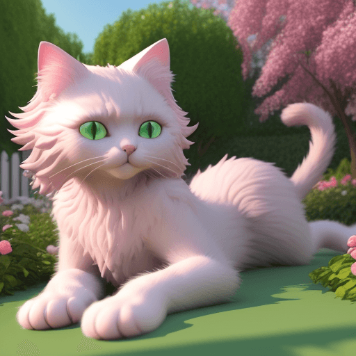 AI generated: 3D cat pink green eyes, angel face, with long fur, long claws, lying down in a garden, sunny day, bl...