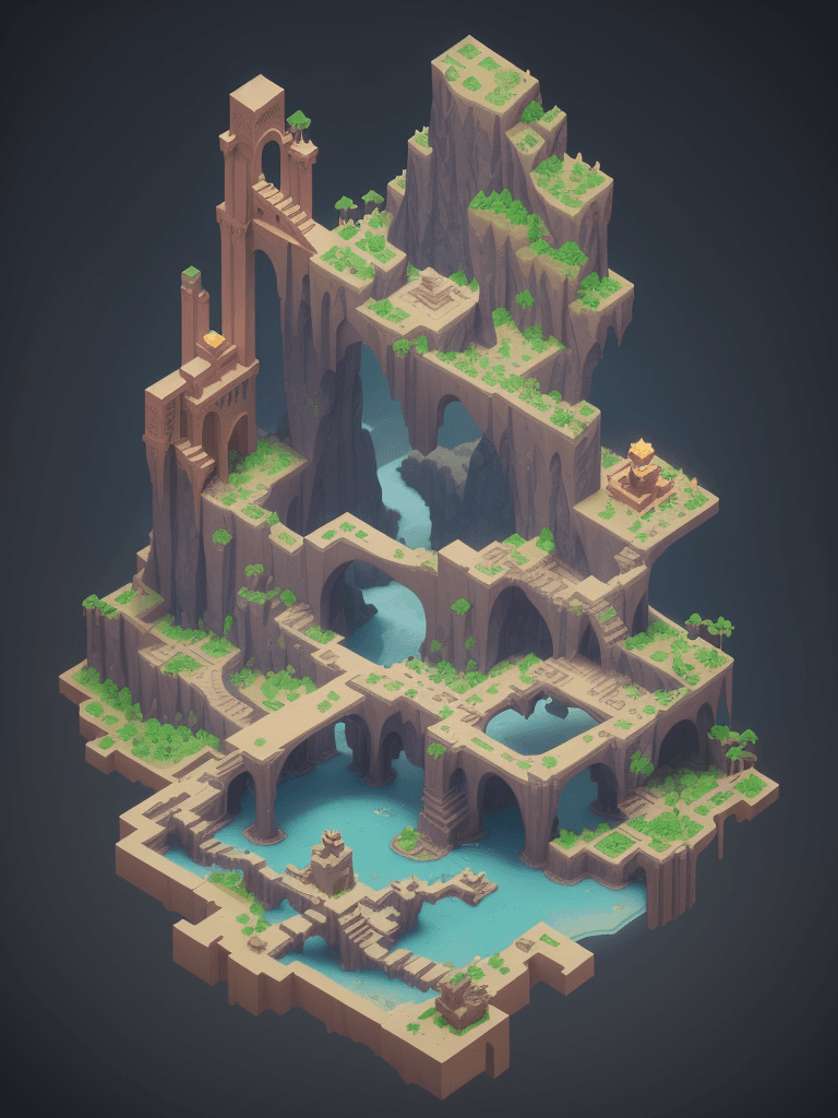 AI generated: a cute little matte low poly isometric ,storm,typhon,litter, , crash trunks,  rock waterfalls, mist,...