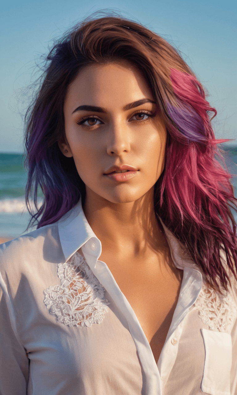 AI generated: A realistic photograph of a stunning girl with [colorful hair] with [dark roots], a [small nose], hi...