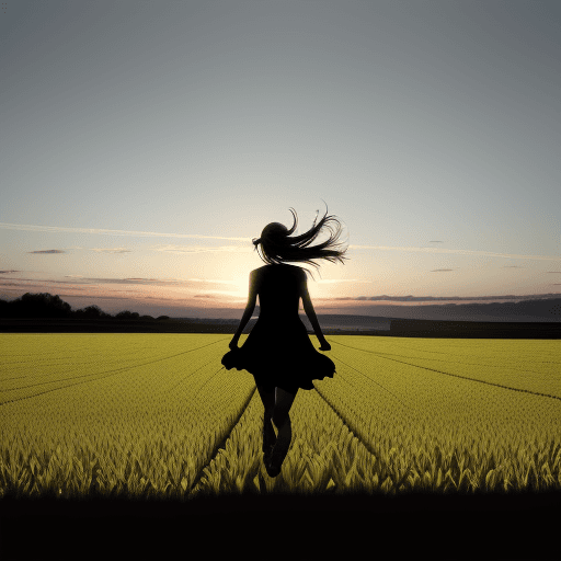 AI generated: imaged a field, and a girl's back silhouette running though it
