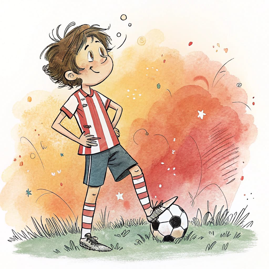 AI generated:  Quentin Blake caricature. Medium shot. Young boy soccer player. Hand-drawn lines. Expressive ink sp...