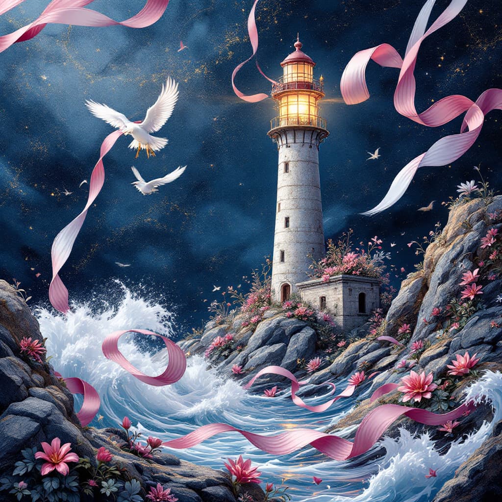 AI generated: A beautiful abstract 3D illustration of an old lighthouse, with pink and white ribbons flowing in th...