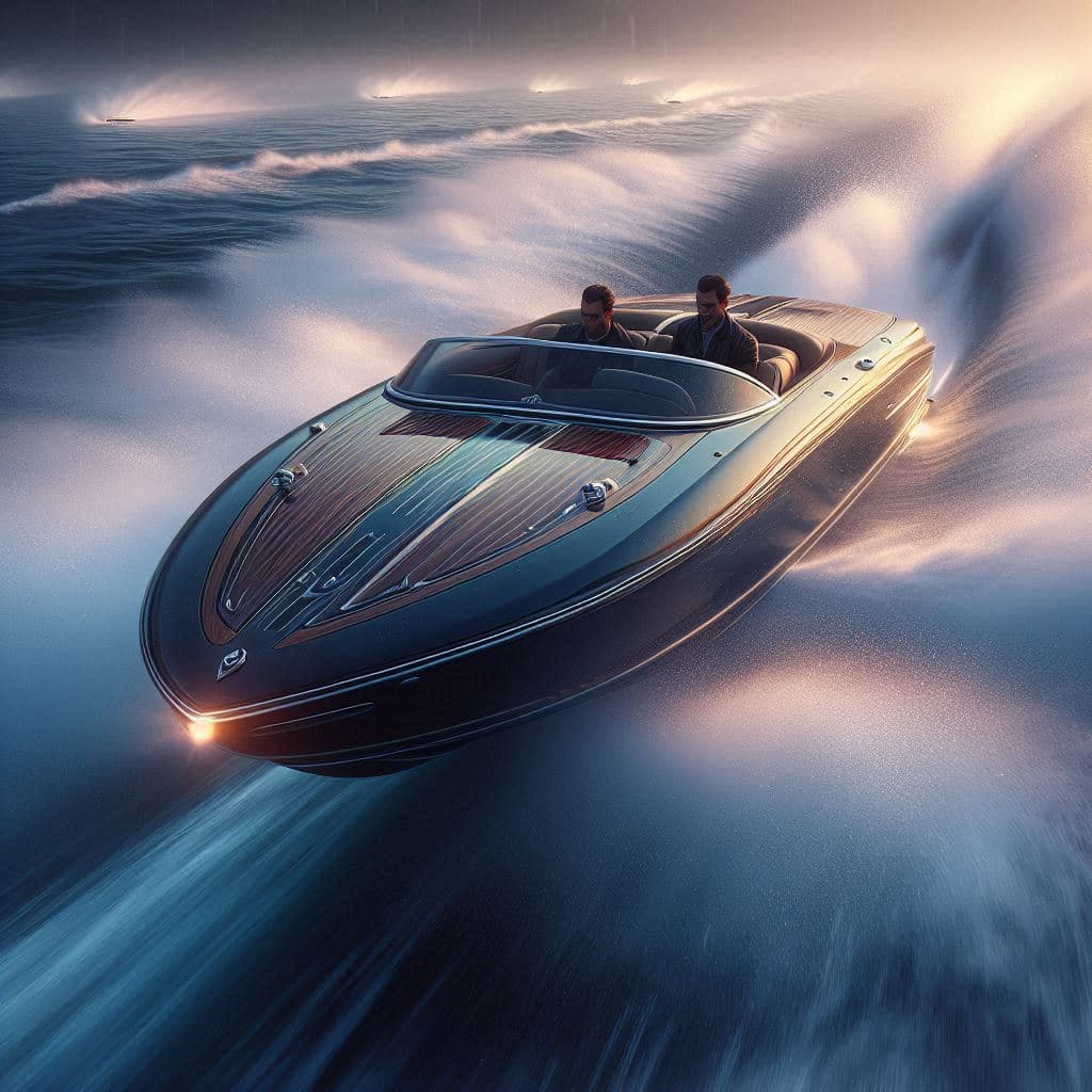 AI generated: A piloted Riva Aquarama speedboat, in the style of realistic hyper-detailed rendering, soft, dreamy ...