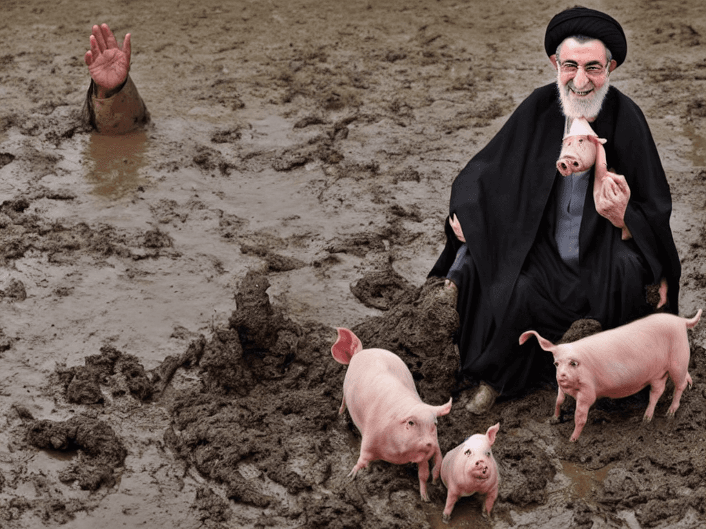 AI generated: portrait of ali khamenei holding a pig and laughing with mud all over the place 