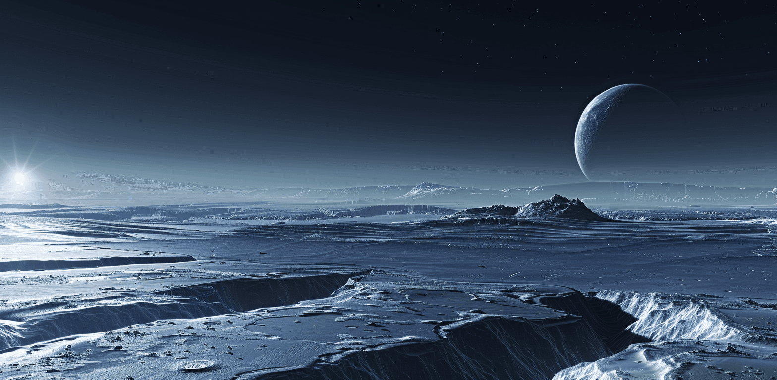 AI generated: A distant view of the planet icy surface, the horizon is lit by an alien moon, the sky above the ice...