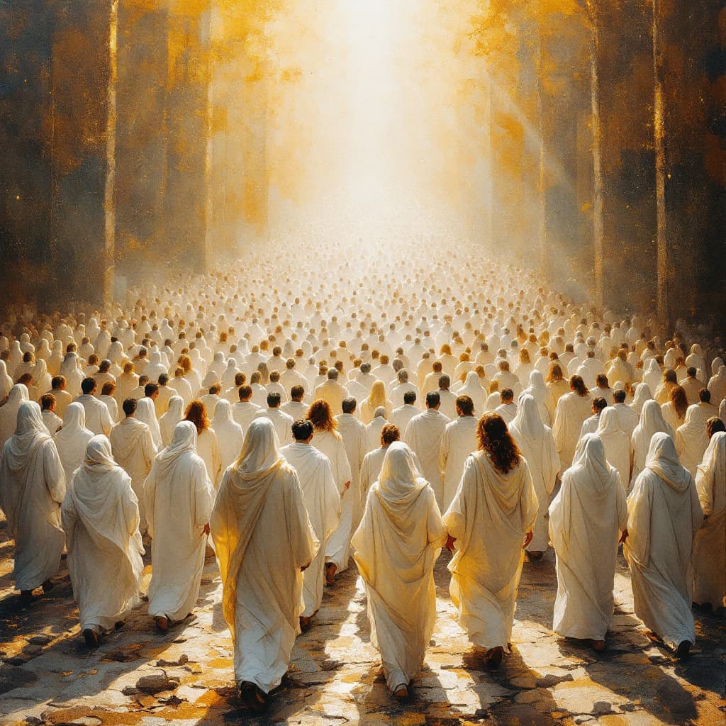 AI generated: An artist's painting of thousands of men and women in white robes all walking toggether toward Gods ...