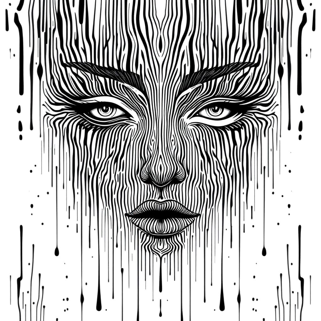 AI generated: black and white vector pattern, phi, face form, dripping, melting lines,, symmetrical, vector patter...