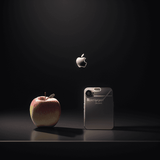 AI generated: 3D render conceptual stilllife with apple mobilephone with chromatic apples flying around the camera...