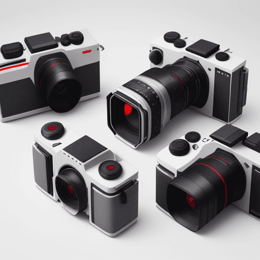 AI generated: 3 matte gray slim pocket cameras, arranged in a grid, on a glossy white surface, hyper realistic, hi...