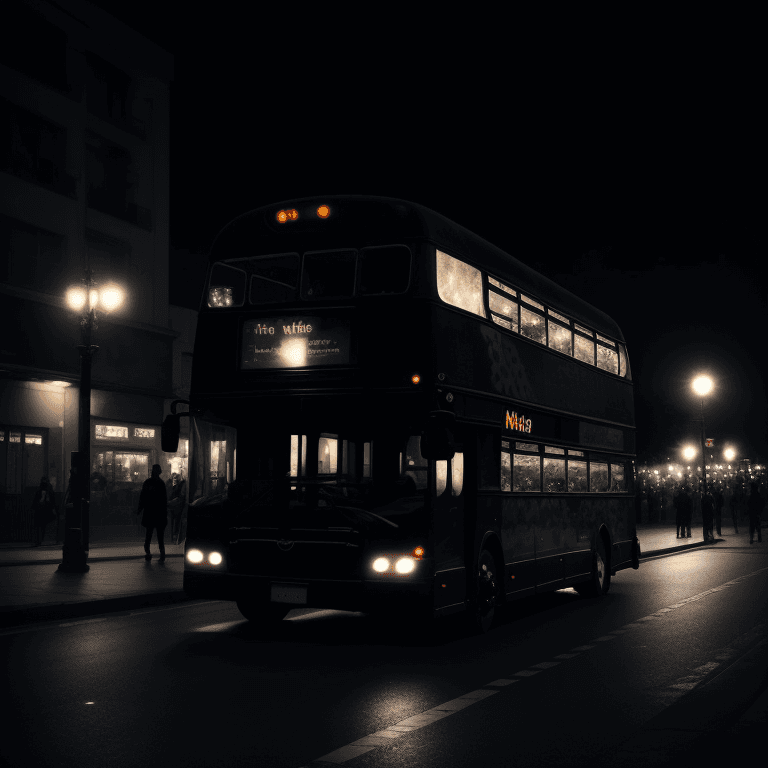 AI generated: A mid-shot of a dark and mysterious bus in the streets in the middle of the night