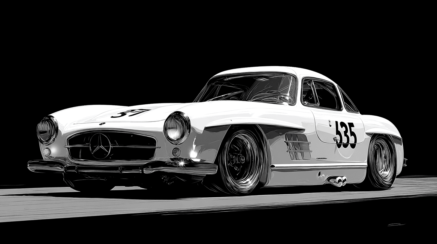 AI generated: White Mercedes-Benz 300SL Gullwing race car, side profile view,  clean lines, detailed  bodywork,  w...
