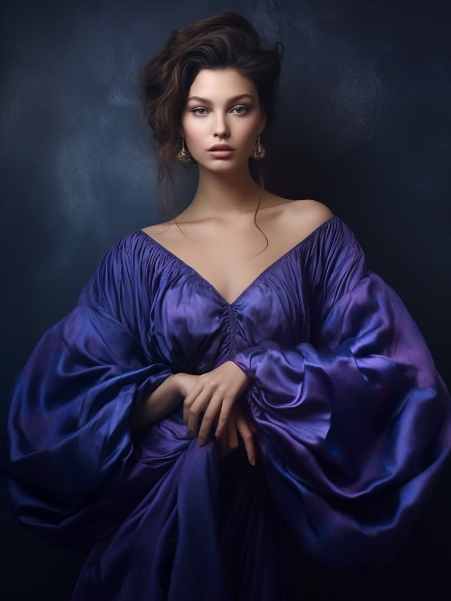 AI generated: a woman in a blue dress posing for a picture, inspired by Slava Raškaj, tumblr, garbed in a purple g...