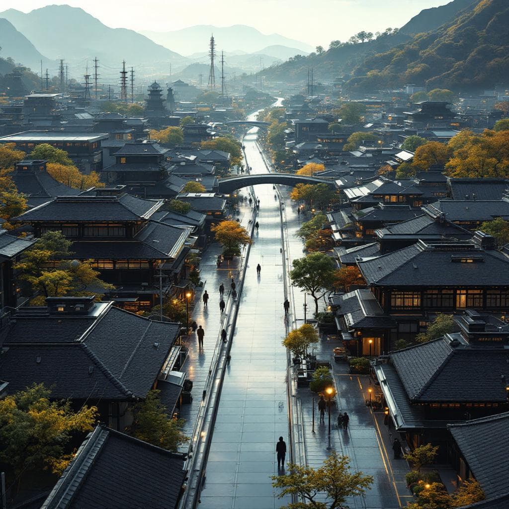 AI generated: Display an aerial view of a sleek, futuristic Old Japanese City, a reminder of the rough terrain of ...